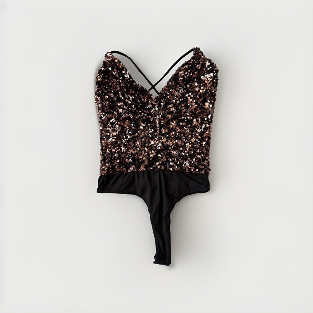 ASTR The Label Gunmetal Shine Sequin Bodysuit XS Strappy Open Back